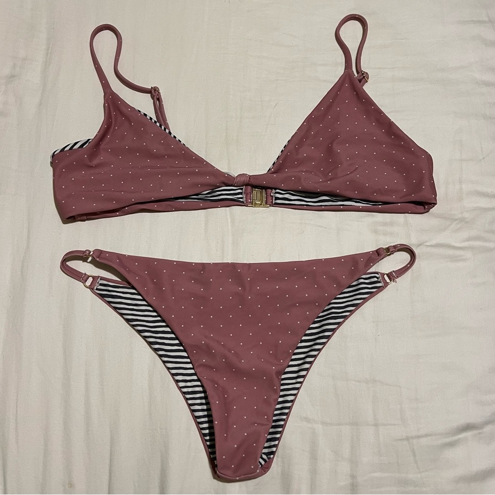 Rove swimwear mauve polka dot knotted bikini set L